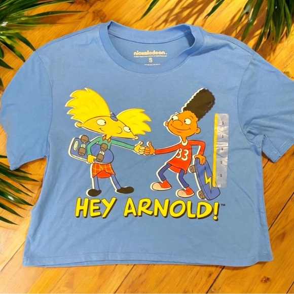 NWT NICKELODEON Hey Arnold! Azure Blue Graphic Baby Tee Cropped T-shirt - Small - Picture 1 of 5